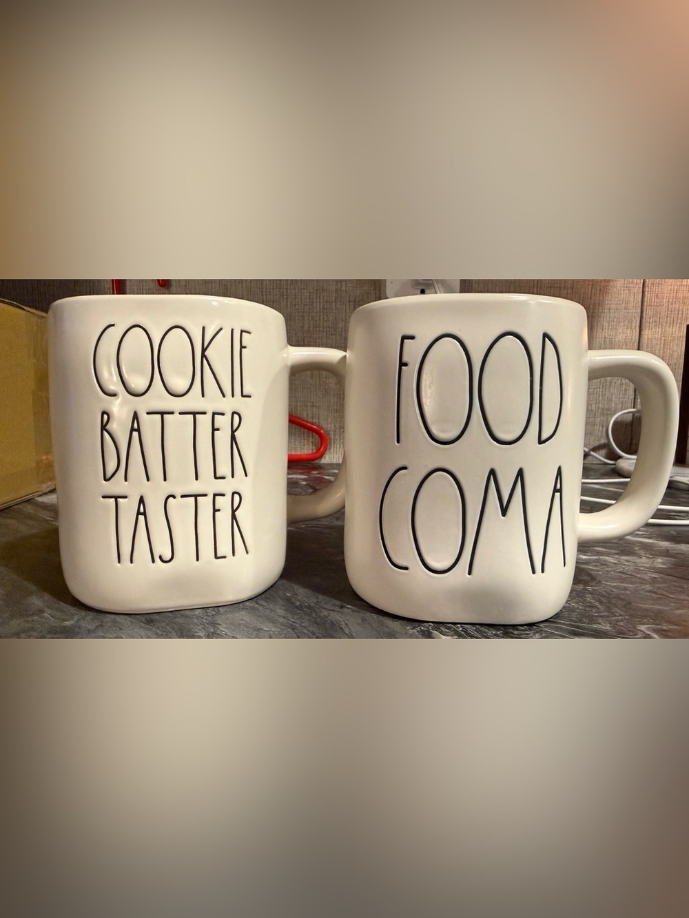 Rae Dunn White Mugs with Black Lettering - "Cookie Batter Taster" & "Food Coma"